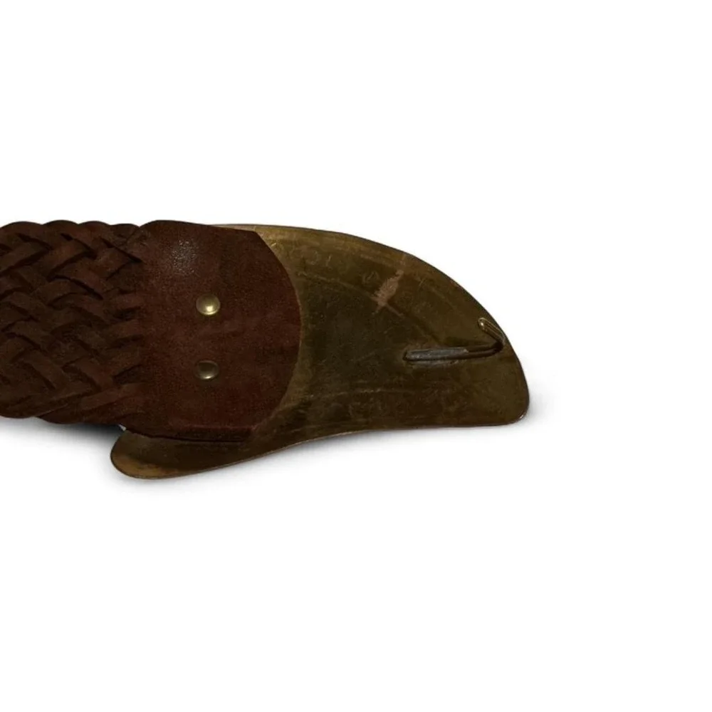 VTG Chico's Morocco Brown Bohemian Braided Leather‎ Belt with a metal buckle.